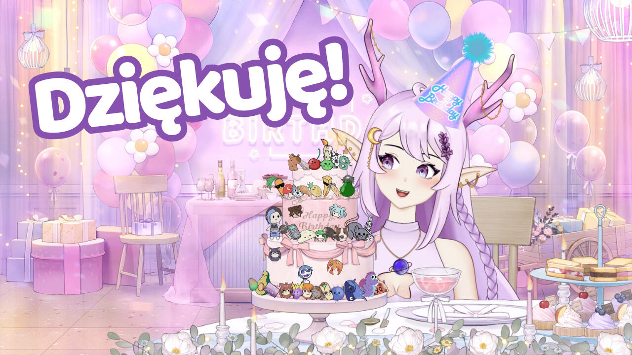 Female persona with Lawendowa's community on b-day cake (art © Lawendowa)